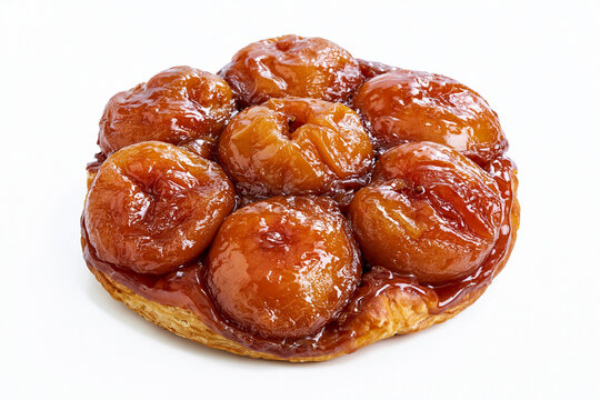 Tarte Tatin aux pommes caram&eacute;lis&eacute;es et fondantes sur p&acirc;te feuillet&eacute;e dor&eacute;e, isol&eacute;e sur fond blanc. Un grand classique de la p&acirc;tisserie fran&ccedil;aise napp&eacute; de caramel gourmand