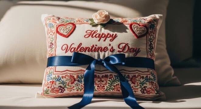 Happy valentine's day gift box with blue ribbon on car seat