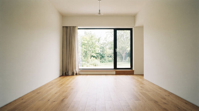 Minimalist Empty Room with Hardwood Floor and Garden View