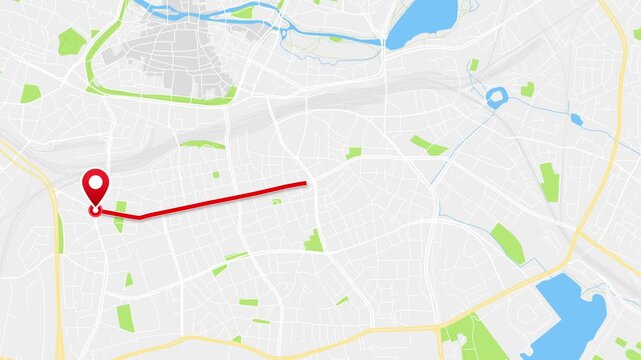 Nuremberg Bavaria Germany Animated GPS Navigation Route Across Urban Map with Red Location Pin and Travel Path, 4K