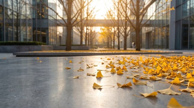 コンクリートの舗装路に舞い落ちた鮮やかな黄色いイチョウ（銀杏）の葉