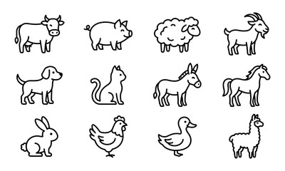 Obraz premium Farm Animal Outline Vector Icons Domestic Livestock Collection