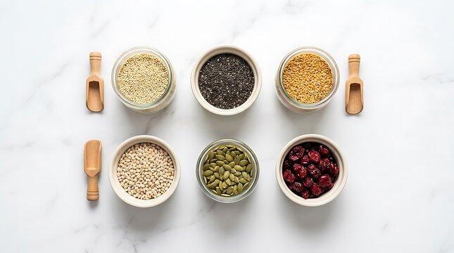 Assorted grains, seeds and legumes in small bowls with wooden scoops on a white marble surface, symbolizing healthy nutrition, superfood variety and clean eating ingredients.