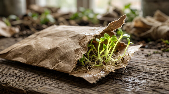 Young green sprouts emerging from rustic paper envelope resting on textured wooden table.