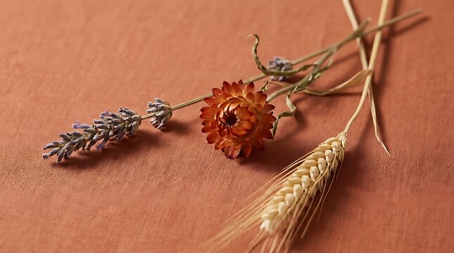Dried lavender sprig, orange strawflower and golden wheat stalks arranged on a terracotta background, symbolizing rustic autumn decor, dried botanicals and natural harvest style.