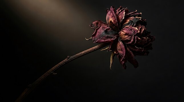 Wilted dark red rose with dried petals against a moody dark background lit by soft side light, symbolizing decay, melancholy and the fading beauty of time.