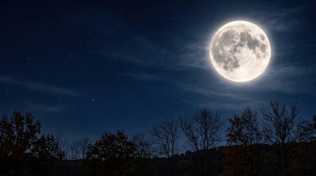 澄み切った秋の群青色の夜空に黄金色に輝く美しく大きな満月
