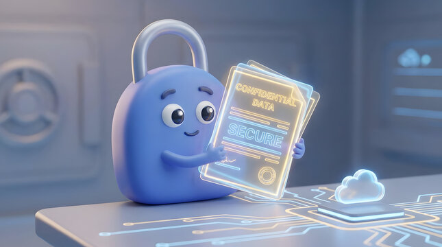 Cartoon mascot unlocking a digital padlock with a key