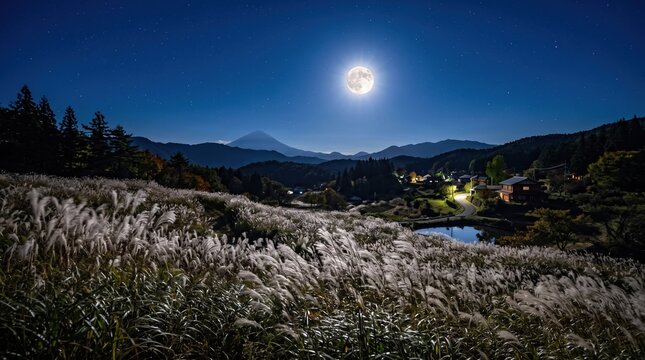 青い夜空に輝く満月とお月見の風情を感じさせるしなやかなススキの穂
