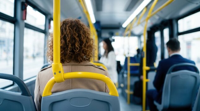 Daily commute and urban mobility with passengers sitting inside a public transport bus featuring a blurred interior