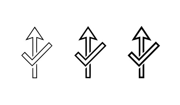 Set of three arrow icons with check marks representing selection and direction selection navigation decision isolated