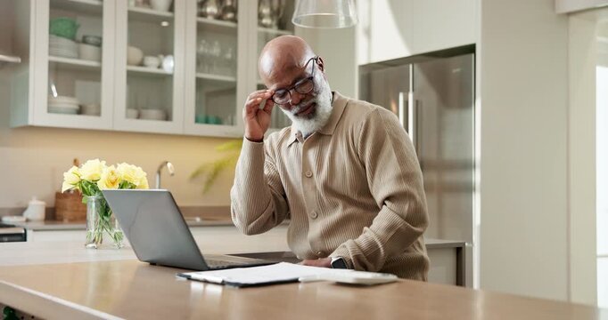 Senior, stress and black man with shoulder pain in home for finance, discomfort or muscle tension. Frustrated, elderly or male person with laptop or sore arm for strain or financial pressure in house