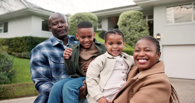 Family, face and black people with smile by new house, pride and happiness with property investment. Parents, children and together outdoor for moving, relocation and support on front lawn in Nigeria