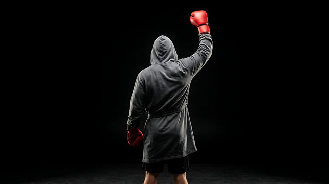 Boxer in robe and boxing gloves raising fist in victory, celebrating a win against a black background