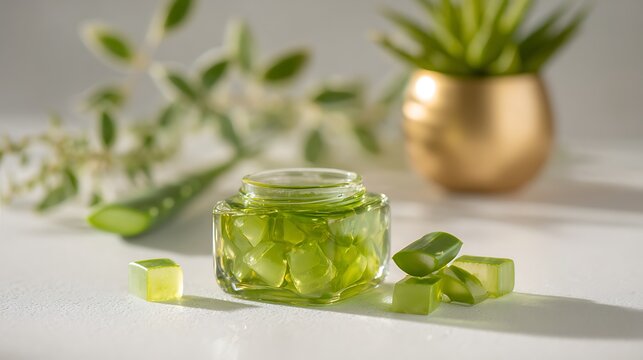 Clear glass jar filled with fresh green aloe vera cubes resting on bright white surface with blurred greenery background natural lighting blurred