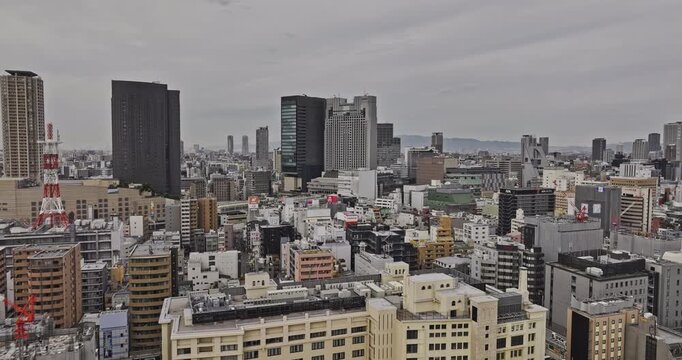 Osaka Japan Aerial v116 low flyover above Nipponbashi, Nanbanaka and Namba toward Dotonbori, revealing Naniwa and Chuo under overcast skies - Shot with Mavic 3 Pro Cine - Oct 10th 2023