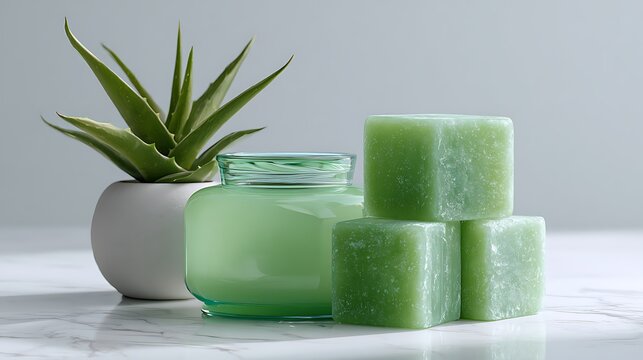 Natural green skincare essentials featuring aloe vera plant and organic soap cubes on marble surface with displays glass jar green cream plant arranged smooth