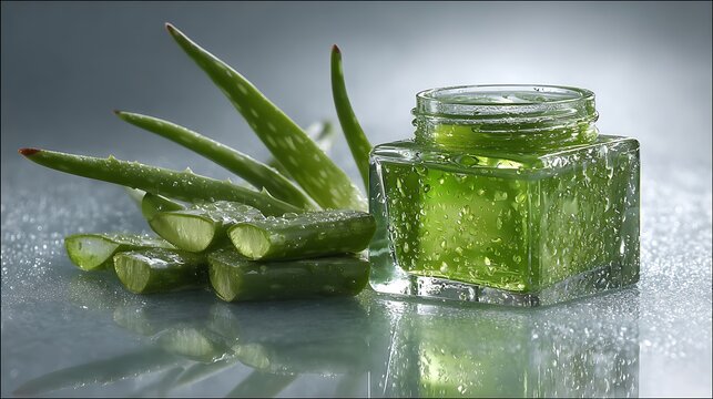 Fresh aloe vera gel container placed beside sliced succulent leaves on reflective gray surface background with positioned next sliced plant leaves covered