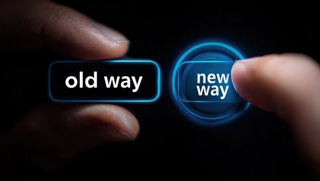 Choosing between old way and new way button with human finger selection decision comparison technology interface interaction evolution progress transition alternative activation