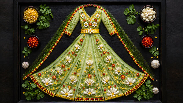 Traditional dress layout crafted from green vegetables herbs and colorful spices on dark tray surface