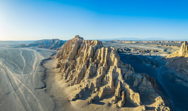 Aerial view of majestic yardang landforms in the Gobi Desert, Dahaidao, Xinjiang, China