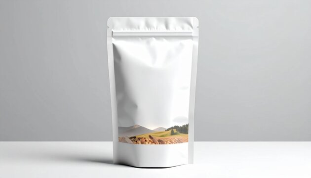 Isolated blank white stand up zipper pouch mockup, food packaging template for branding, retail design display