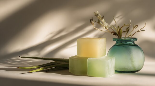 Natural aloe vera soap blocks arranged beside decorative glass vase and fresh succulent green leaves with fresh aloe leaves under soft sunlight
