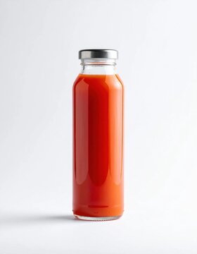 Isolated glass bottle filled with vibrant orange juice, healthy organic carrot smoothie, fresh fruit beverage drink, vitamin drink for diet plan