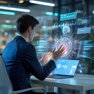 businessman touching virtual screen