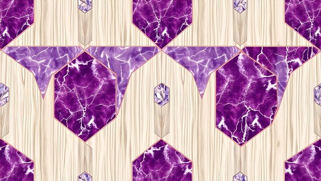 Luxury Seamless Geometric Pattern with Amethyst Stone and White Oak Wood