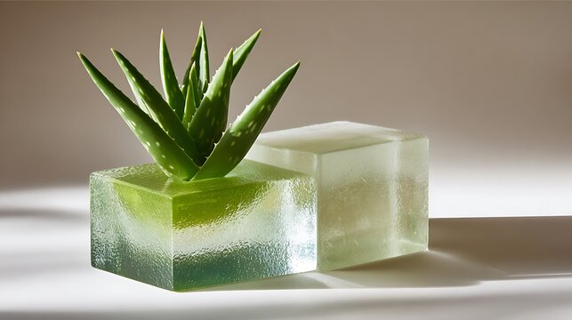 Fresh aloe vera plant embedded inside transparent rectangular glass blocks against neutral beige studio background with positioned next solid translucent block under soft lighting