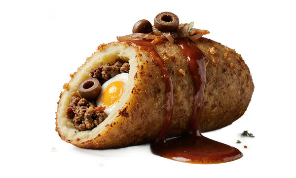 Papa rellena snack stuffed potato with meat and egg isolated on a transparent background for food menus