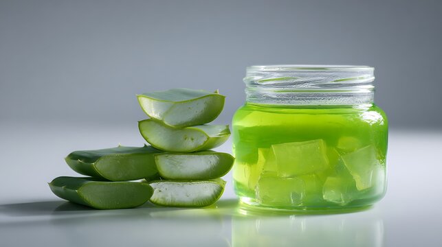 Fresh green aloe vera slices stacked beside clear glass jar with container filled translucent displays stack sliced cubes white surface leaves next glass