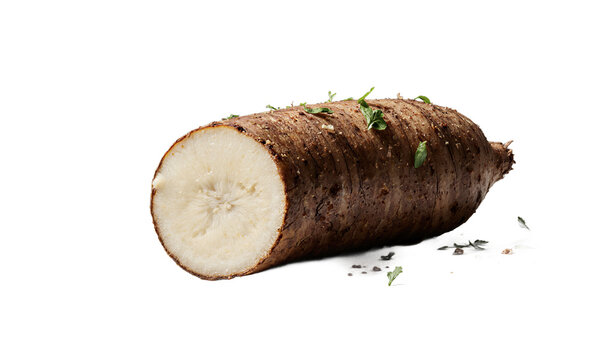 Yam tuber vegetable sliced and seasoned with herbs isolated on a transparent background for culinary design and recipe use