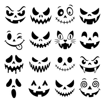 Spooky Halloween monster face icons, black cartoon expressions set, creepy smiley illustration pack isolated PNG with Transparent Background