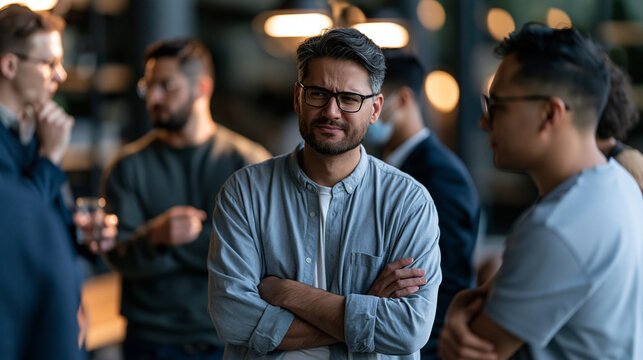 Photorealistic employee being deliberately excluded from a workplace discussion while several colleagues exchange dismissive looks, subtle realistic group dynamics, modern office,