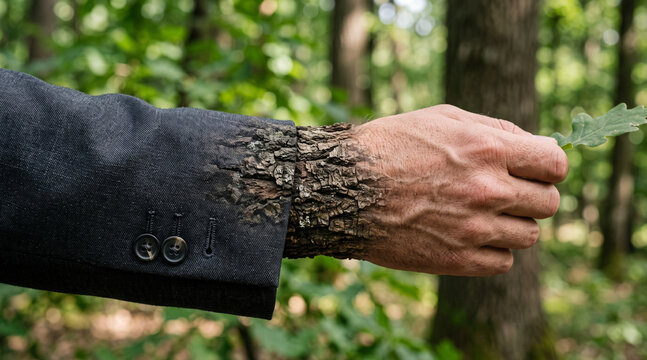 Surreal transformation of human hand into tree bark and wood texture in lush forest setting.
