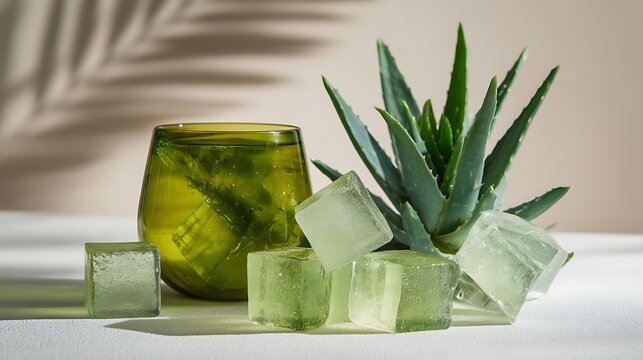 Fresh aloe vera plant beside green glassware with translucent gel cubes on textured surface with filled translucent botanical displays fresh