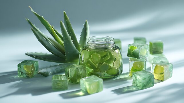 Fresh aloe vera slices inside glass jar surrounded by transparent green cubes on soft surface with decorative green translucent beside plant decorative