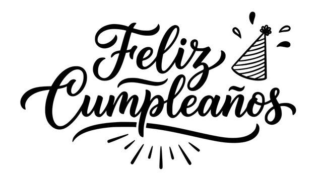 Black and white hand lettered feliz cumpleanos greeting design with a festive party hat icon