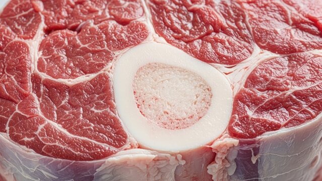 Macro view of a cross-section of raw meat, showing muscle fibers and bone marrow