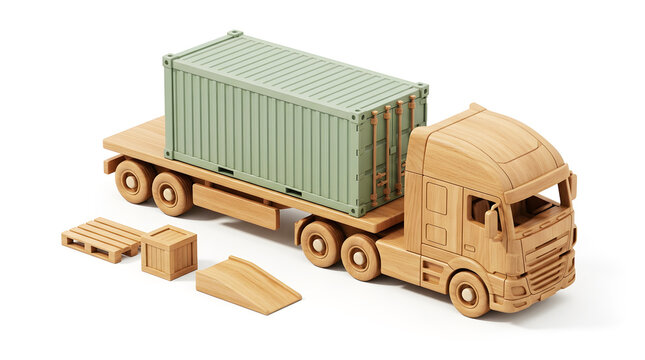 Wooden toy truck with shipping container isolated on white background