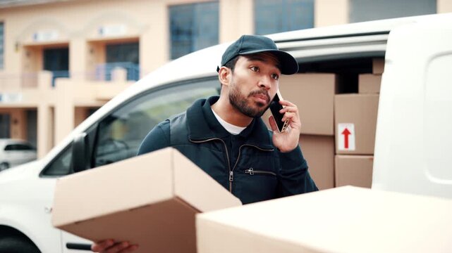 Angry, phone call and delivery man with package, outdoor and frustrated with wrong address for boxes. Unhappy, courier and person with mobile, communication and complaining about shipping mistake