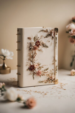 A vintage-style book with delicate floral details captured in soft, warm light. The composition creates a romantic, nostalgic atmosphere with pastel botanical elements.