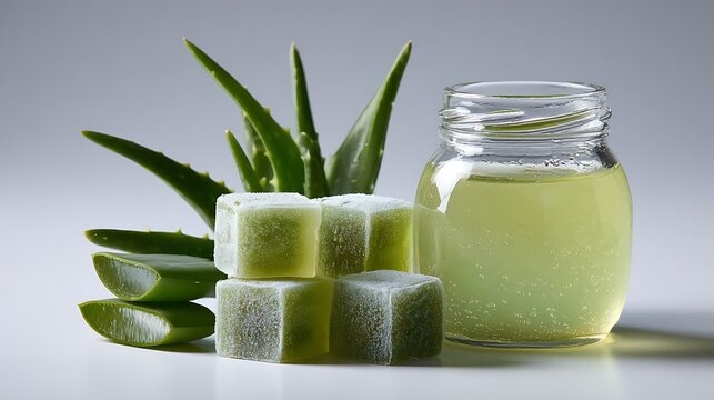 Fresh aloe vera gel cubes beside glass jar with natural plant leaves on white background with leaves translucent green showcases glass filled aloe