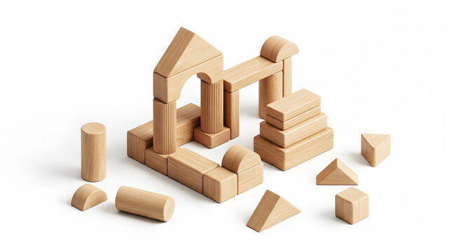 Wooden building blocks isolated on white background