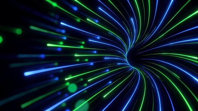 Abstract Green and Blue Glowing Light Trails Forming Digital Tunnel, Financial Technology Background, Digital Payments, FinTech Data Connectivity