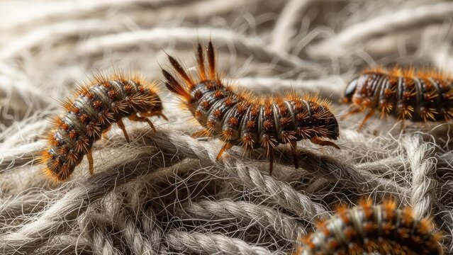 Macro shot of caterpillars crawling on a rough, fibrous surface. Orange and brown detail