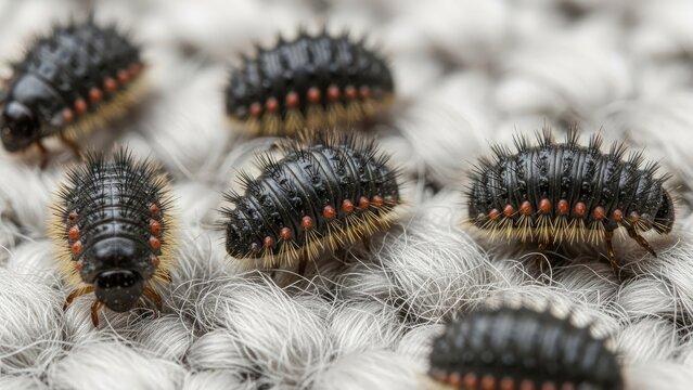 Macro shot of several black spiky larvae crawling on a textured gray surface