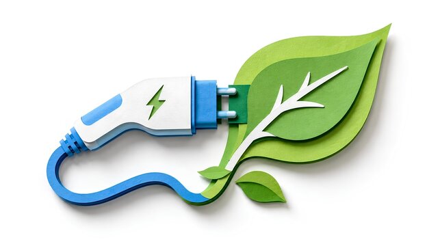 Minimalist 3D papercut illustration of an electric charging plug and green leaf